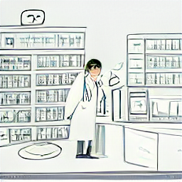 "A sketch-style illustration depicting a modern pharmacy. A pharmacist, wearing a white coat, is advising a customer, with medicine bottles and shelves visible in the background. The image represents the profession of a pharmacist in a friendly and professional environment."