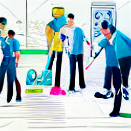 "Cleaning Team Leader overseeing a team of cleaners in a modern office. Sketch style illustration depicting a professional in the cleaning industry managing cleaning tasks, schedules, and personnel, showcasing the role of a Cleaning Team Supervisor in today's workplace. Cleaning team, supervisor, cleaning industry, cleaning manager, cleaning services."