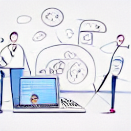 "Sketch illustration of a referral marketing specialist working on a laptop, representing the job opportunity for network building and online marketing. Modern freelance work, referral marketing, side hustle."