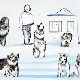 "A sketch style illustration depicting a Tierpfleger/in (dog care professional) in a modern dog boarding and grooming facility. The image showcases daily tasks like feeding, grooming, and playing with dogs, alongside cleaning and potentially working in a pet supply retail area. The image conveys a caring and professional atmosphere, highlighting the rewarding nature of a career in animal care."