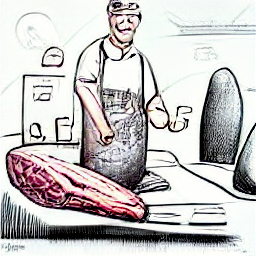 "Butcher working in a modern butcher shop in Zurich, Switzerland. Illustration in sketch style highlighting various meat cuts, tools, and a clean and organized environment. Find a job as a butcher in Zurich, with part-time and full-time opportunities available. #butcher #zurich #jobs #meat #food #career"