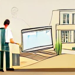 ** "Real Estate Agent Sketch: A modern real estate agent, depicted in a sketch style illustration, presents a house key to a happy couple, symbolizing successful property sales. The image showcases the modern aspects of the profession with a laptop, smartphone, and a cityscape in the background."