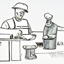 "A sketch-style illustration of a modern pizzaiolo at work in a restaurant kitchen. The chef is preparing a pizza in front of a wood-fired oven with fresh ingredients around. This image highlights the profession of a pizza chef and kitchen assistant."
