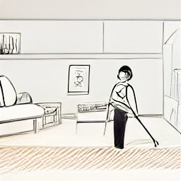 "Housekeeper cleaning a modern home, sketch style illustration. Part-time cleaning jobs available in Rheinfelden, Sissach, Therwil, Riehen, and Zuzgen. Flexible hours, cleaning supplies provided. Find a cleaning job near you."