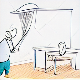 "A sketch-style illustration depicts a cleaning professional tidying up a contemporary hotel room nestled in a natural landscape. The image showcases cleaning supplies and a tranquil environment, representing a modern cleaning job in a scenic location."