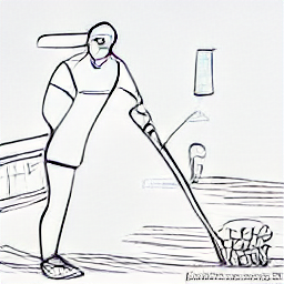 ** "Housekeeper cleaning a home, sketch style illustration. Part-time housekeeper job in Muttenz, Switzerland. Cleaning, dusting, vacuuming, household maintenance. Flexible hours, perfect for students or retirees. Help an elderly lady with household chores."