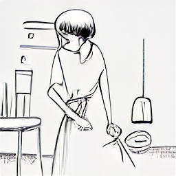 "A cleaning lady in a modern home, depicted in a sketch style illustration. The image highlights the professionalism and reliability of a cleaning service, showcasing a woman with cleaning supplies, suggesting a trustworthy and efficient cleaning service in a contemporary setting. Cleaner, cleaning service, house cleaning, maid service."
