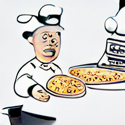 "Pizzaiolo at work in a modern kitchen, tossing dough. Sketch style illustration depicting a pizza chef preparing a pizza. Ideal for a pizza restaurant, summer job, or help wanted ad related to pizza making."