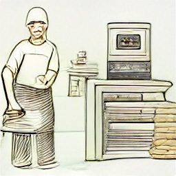 ** "A modern baker kneading dough in a contemporary bakery setting. The illustration showcases various types of bread and a bustling bakery scene, highlighting the profession of a baker in a contemporary context. Baker, bakery, bread, pastry, profession, job, Savognin, Grigioni."