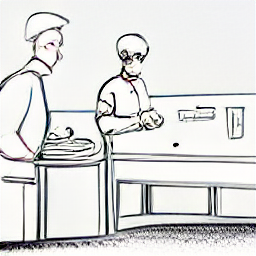 "Sketch illustration of a modern restaurant in Winterthur, Switzerland, showcasing a waiter serving a customer and a chef working in the kitchen. Illustrates a job opportunity for Serviceangestellte and Küchemitarbeit in a restaurant setting."