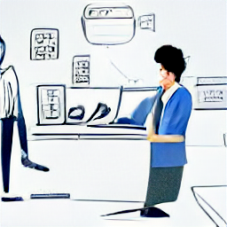 "Illustrative sketch of an administrative professional working at a computer, highlighting tasks like accounting and paperwork management. Represents a modern office environment and the role of an administrative assistant or accountant."