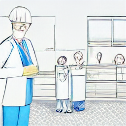 Illustration: A kitchen steward in a modern hospital kitchen, depicted in a sketch style, diligently cleans and organizes. The image showcases contemporary kitchen equipment and a busy yet efficient work environment. Ideal for job postings seeking kitchen stewards or related roles.