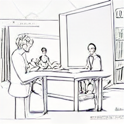 Sketch illustration of a hotel receptionist in a modern hotel, smiling and interacting with guests at the reception desk, showcasing tasks like check-in, computer use, and managing paperwork. Ibis Hotel Locarno, Switzerland. Job opportunity.
