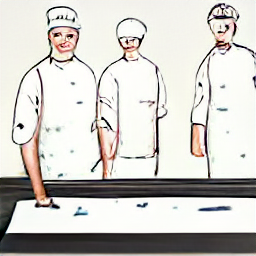 Sketch illustration of a modern restaurant kitchen in Bellinzona, showcasing a chef leading a team and a maitre d' interacting with guests. Illustrates job openings for Chef and Maitre d' specializing in Mediterranean cuisine.