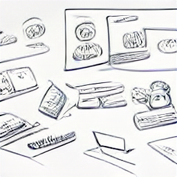 ** "Sketch-style illustration of a person working on a laptop with multiple side hustle icons, representing online business, social media management, coding, and more. Modern freelance work and side hustle opportunities."