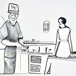 ** "Cleaning lady working in a modern restaurant kitchen, sketch style illustration. Restaurant cleaning, kitchen cleaning, cleaning staff, hospitality industry, job opportunity, cleaning service, restaurant hygiene."
