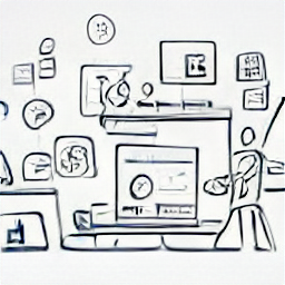 "Digital marketing professional working from home, sketch style illustration. Freelance work, remote job, online marketing, SEO, social media, content creation, analytics."