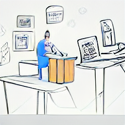 "Assistant for Master of Arts in Interaction Design at SUPSI: Sketch-style illustration depicting a modern workspace with a designer using a laptop and interacting with a digital design interface, showcasing the role of an assistant in a contemporary interaction design program at the SUPSI university."