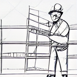 ** "A plasterer working on a modern building site, applying plaster to a wall using tools. Sketch-style illustration highlighting the profession of a plasterer in a contemporary construction setting."