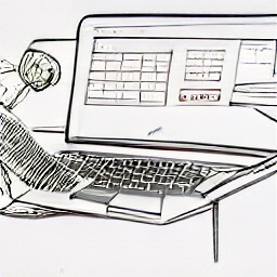 ** "Sr. Industrial Cost Controlling Specialist - Sketch illustration of a professional in a modern office environment, analyzing data on a laptop and graphs related to cost management, representing the role of a senior cost controller in today's industrial setting."