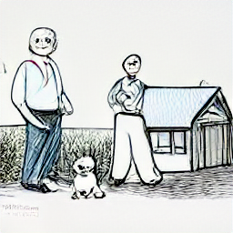 "Illustrative sketch of a modern-day domestic helper, showcasing a person enjoying their work in a contemporary garden setting with house and two small dogs. Ideal for a job description image, featuring household cleaning, gardening, and dog walking tasks."