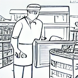 "Maintenance technician working in a modern supermarket in Arbedo, Ticino. Sketch style illustration showcasing a professional maintaining equipment, highlighting the role of a maintenance technician in a retail environment."