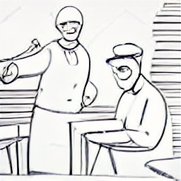 "Waiter taking order in a modern Italian restaurant. Sketch style illustration depicting a friendly waiter interacting with a customer, showcasing a typical scene in a bustling restaurant environment. Italian restaurant, waiter job, hospitality, service industry, Kilchberg."