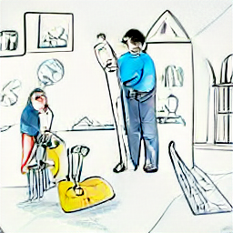 "A cleaning professional diligently working in a modern apartment, using a vacuum cleaner and cleaning supplies. The sketch-style image highlights a clean and tidy environment, reflecting the professional and reliable nature of a cleaning service. Ideal for finding a cleaning job, apartment cleaning services, Eschenbach, Switzerland."