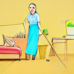 ** "A cleaning lady working in a modern house, part-time job opportunity as cleaner in Jonen AG, Switzerland. Cleaning supplies and buckets, professional cleaning services."