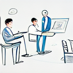 **Prompt:** "Sketch style illustration of a modern insurance consultant, friendly and approachable, discussing insurance policy with a client, laptop, paperwork, modern office background." **