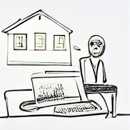 ** "Real Estate Agent Working from Home, Sketch Style Illustration. A modern depiction of a real estate professional using technology to manage property listings, connect with clients, and manage sales. Ideal for real estate businesses seeking to attract new agents or highlight the benefits of working in the field."